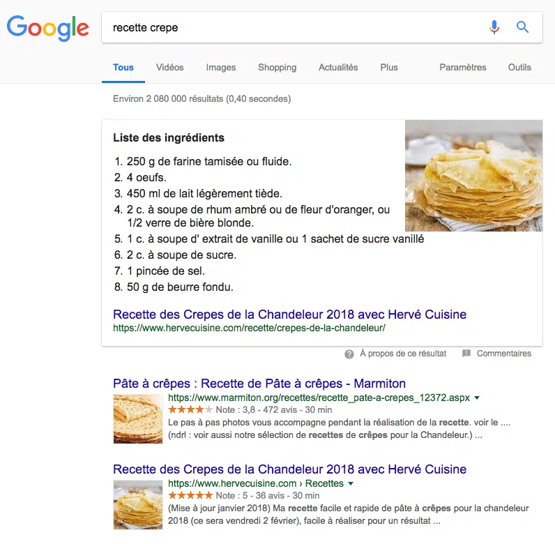 Snippet de recette sur Google
