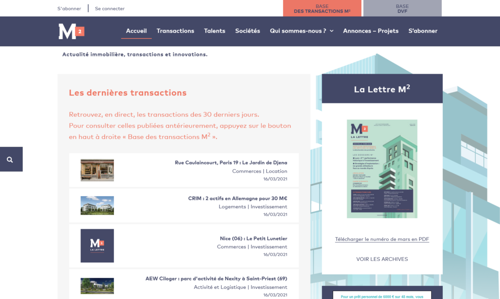 Screenshot du site d'immobilier d'entreprise Lettre M2