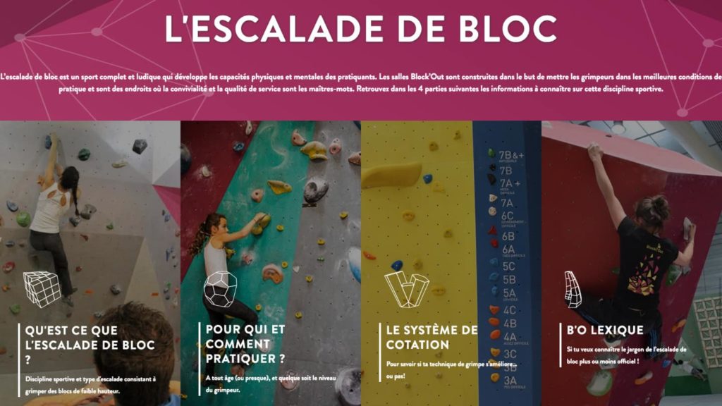 Section de la page d'accueil du site web d'escalade Block'Out