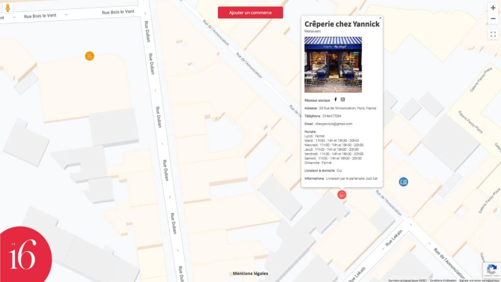 Impression d'écran du site des commerçants du 16e arr. de Paris