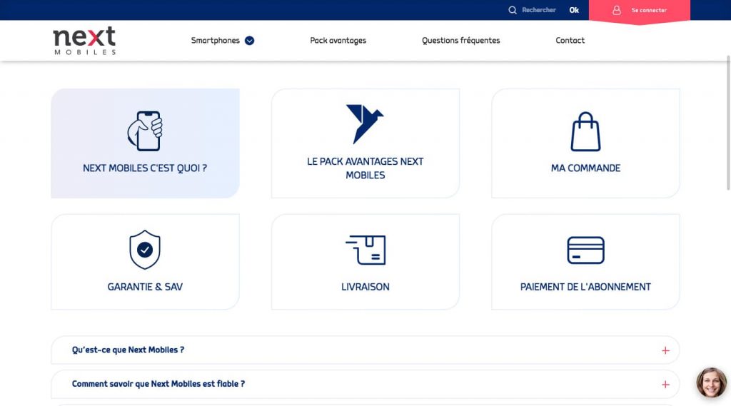 Impression d'écran de la FAQ du site nextmobiles.com