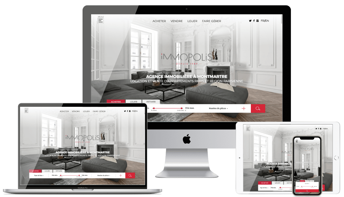 Ecrans du site Immopolis sur mobile pc et tablette