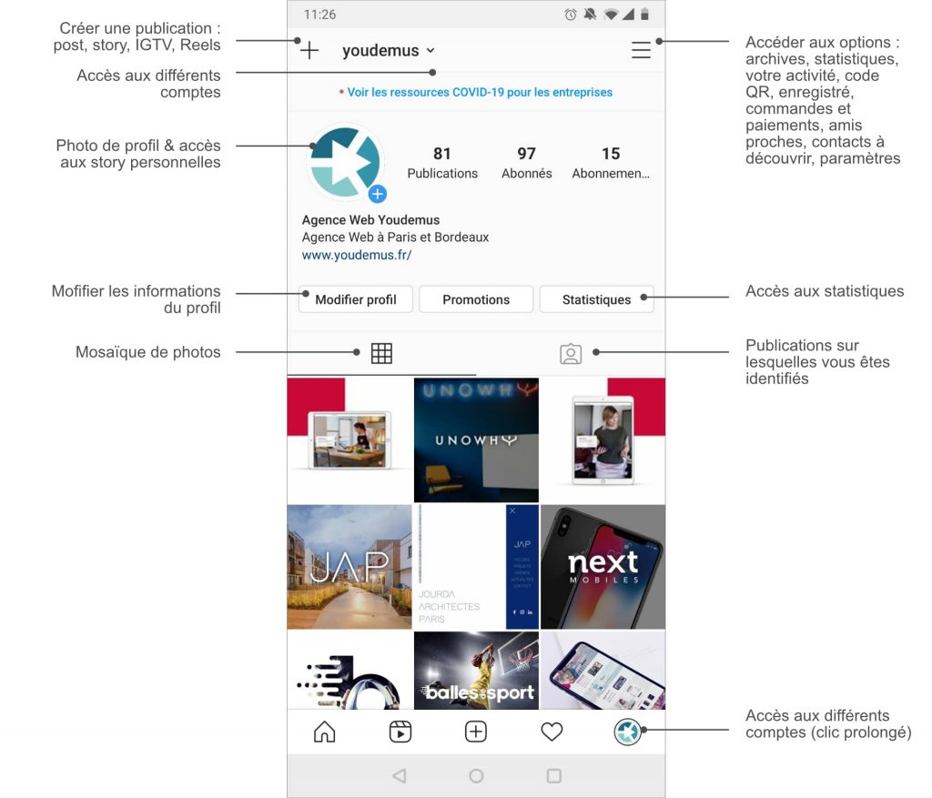 Aperçu de l'application Instagram depuis le profil utilisateur