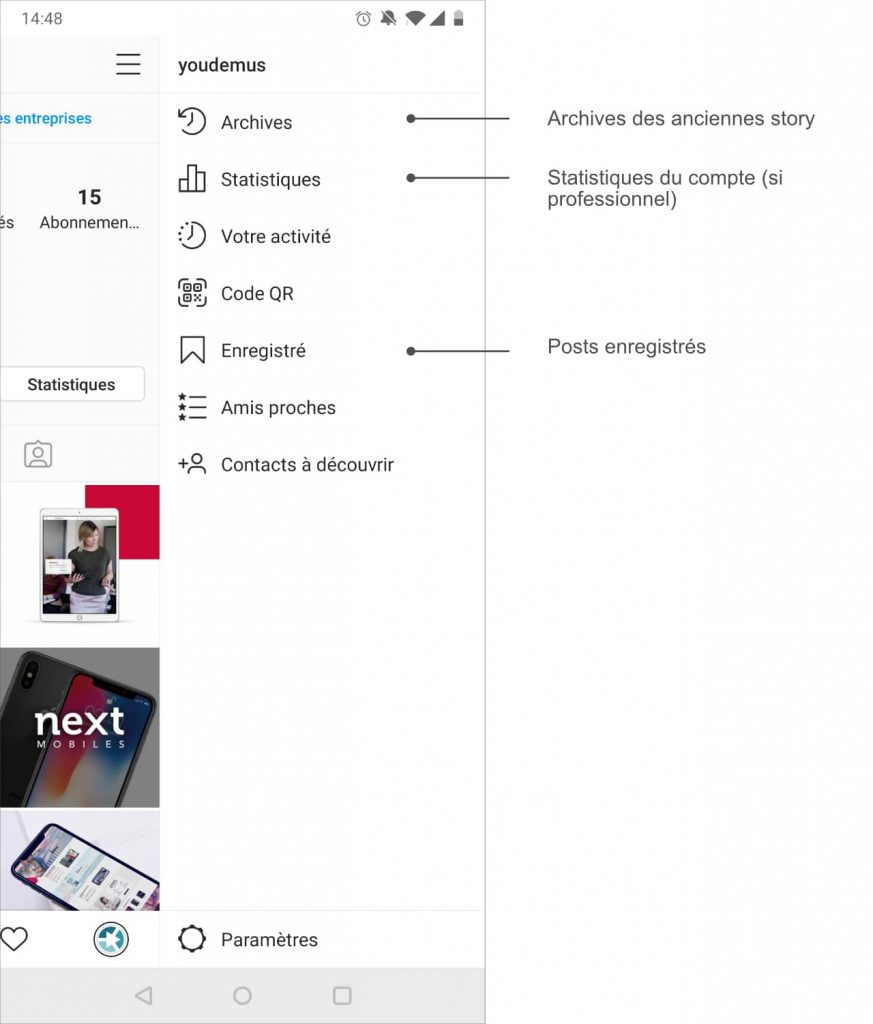 Menu instagram pour gérer les stories