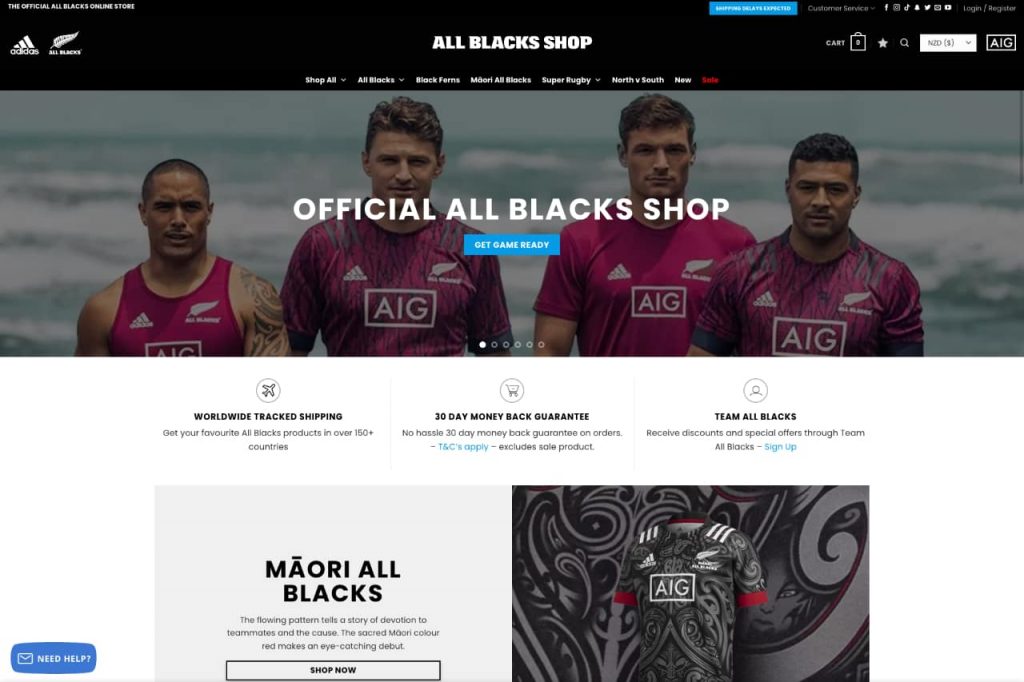 Page d'accueil du site ecommerce des All Blacks