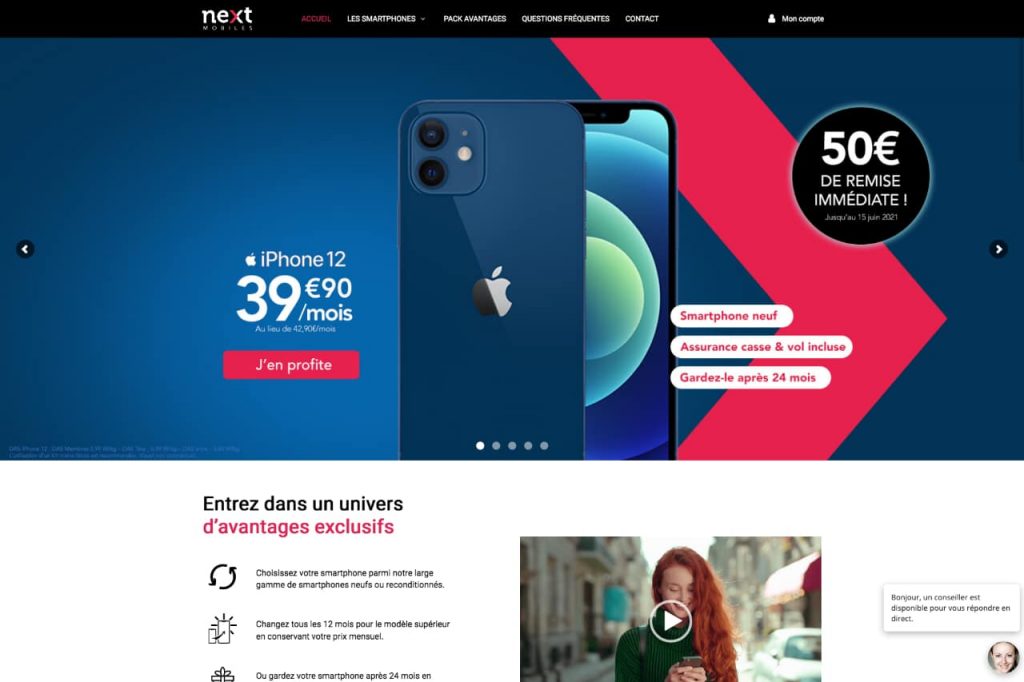 Page d'accueil du site de location de mobile Next Mobiles