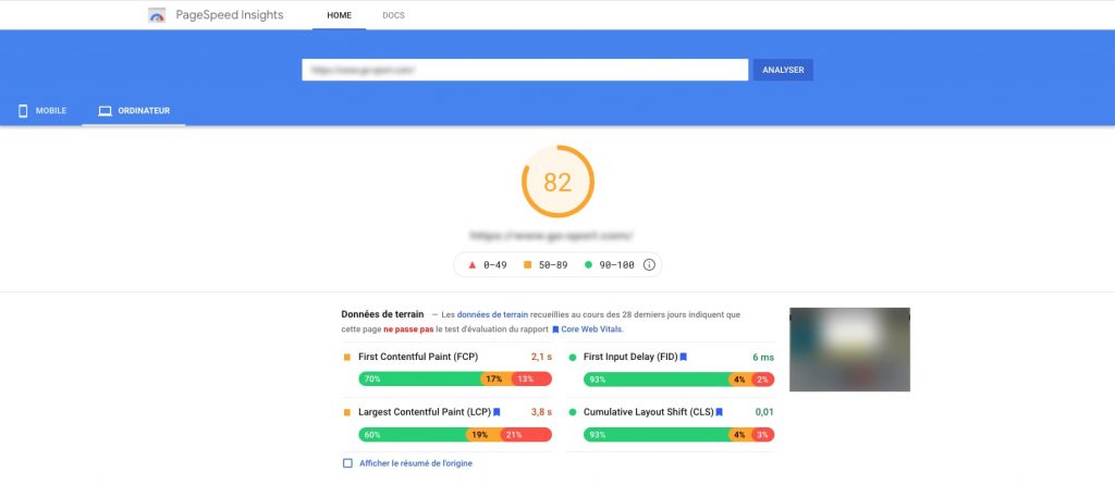 Capture de page speed insight