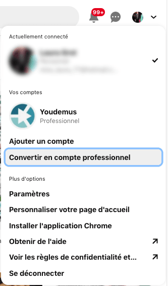 Menu d'un compte pinterest professionnel