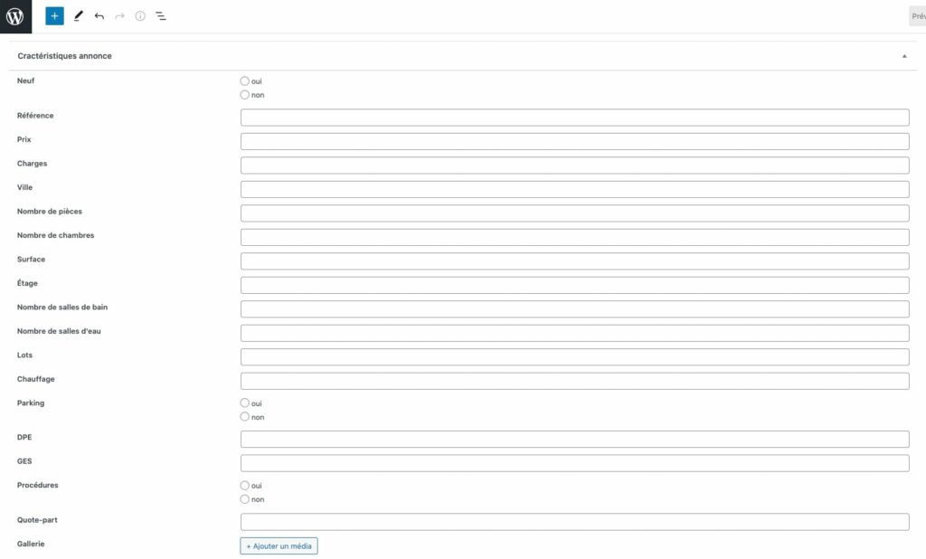 Ecran du backoffice WordPress présentant les champs dans l'interface WordPress qui seront remplis automatiquement par la passerelle WordPress Immofacile 