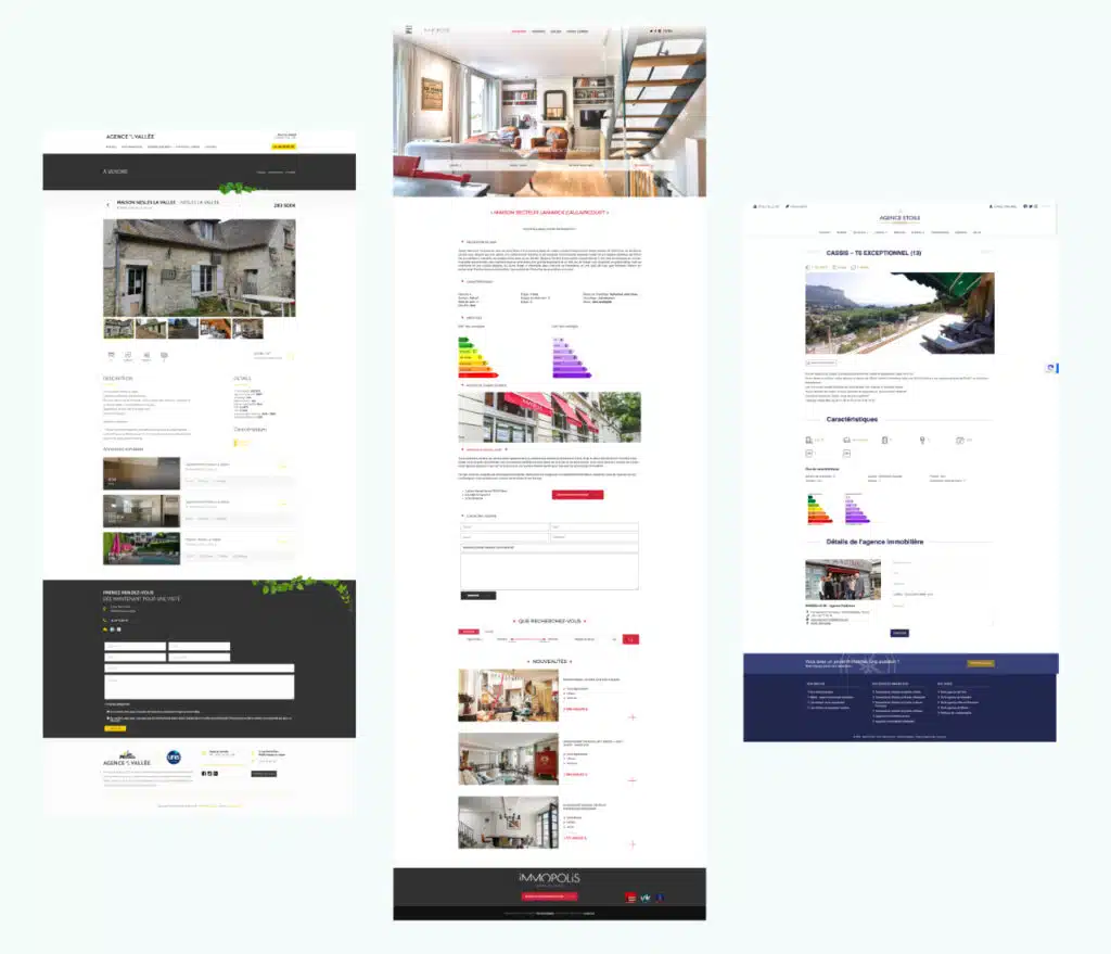 Exemple de 3 sites immobiliers avec des design de pages annonces différents