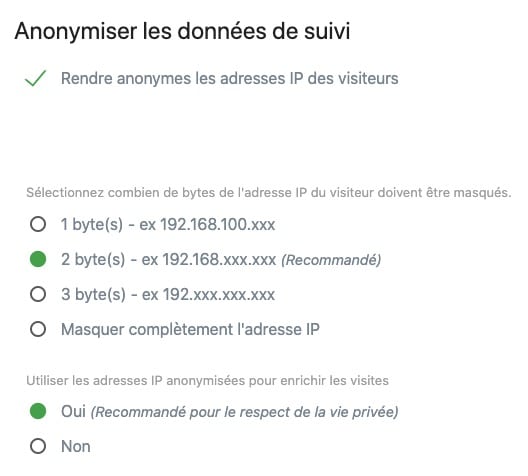 Impression d'écran de la partie Anonymisation des données de Matomo Analytics 