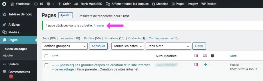 Annuler le déplacement dans la corbeille WordPress