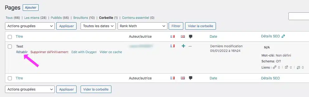 Rétablir un élément dans la corbeille WordPress