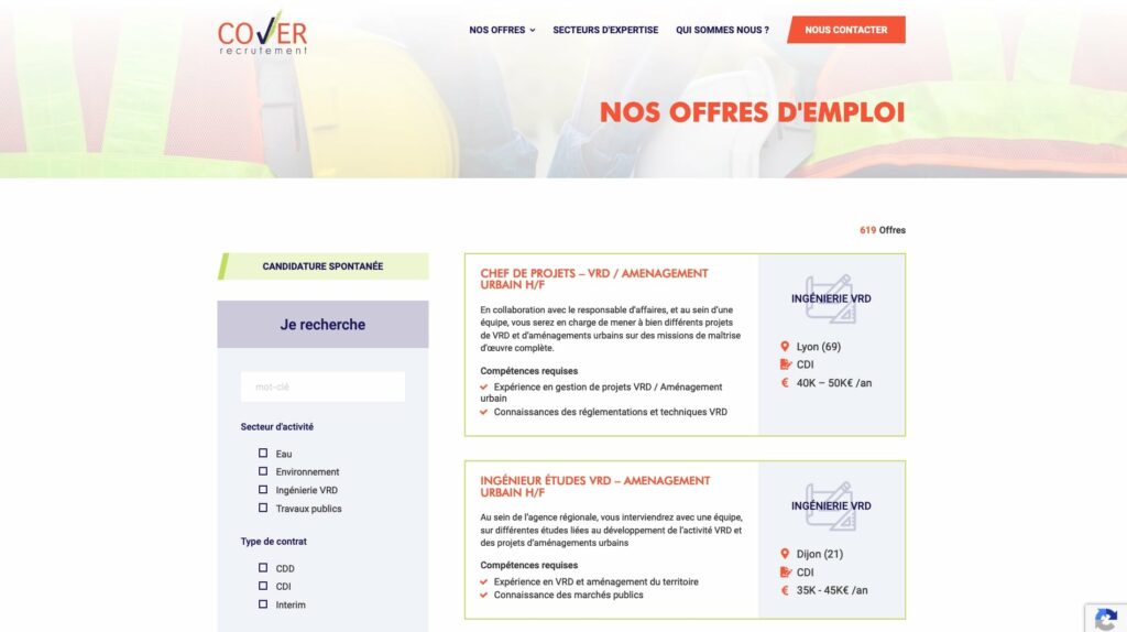 Page listant les annonces d'emploi Cover recrutement