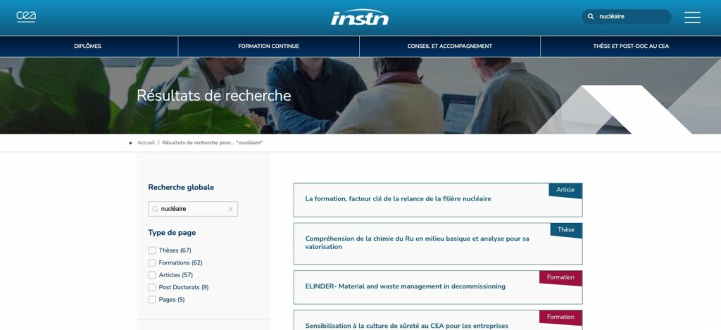 Page de résultat de recherche du site INSTN du CEA