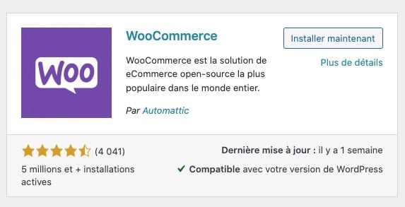 Installation de WooCommerce depuis les extensions