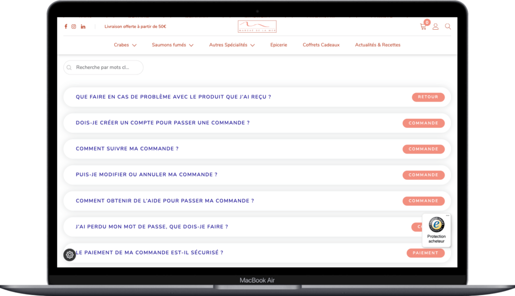 Impression d'écran ordinateur du site ecommerce marchedelamer.fr
