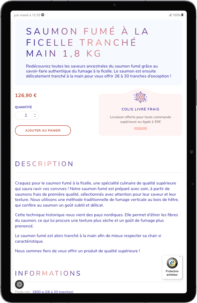 Impression d'écran tablette du site ecommerce marchedelamer.fr
