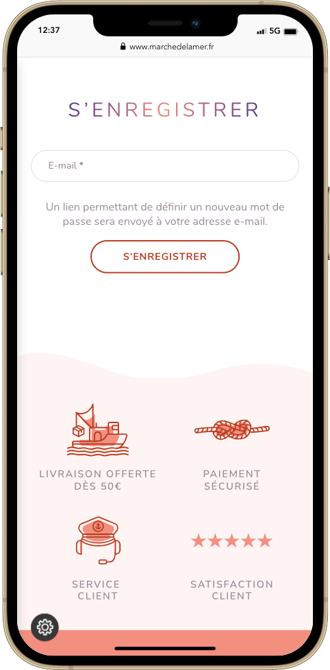 Impression d'écran mobile du site ecommerce marchedelamer.fr