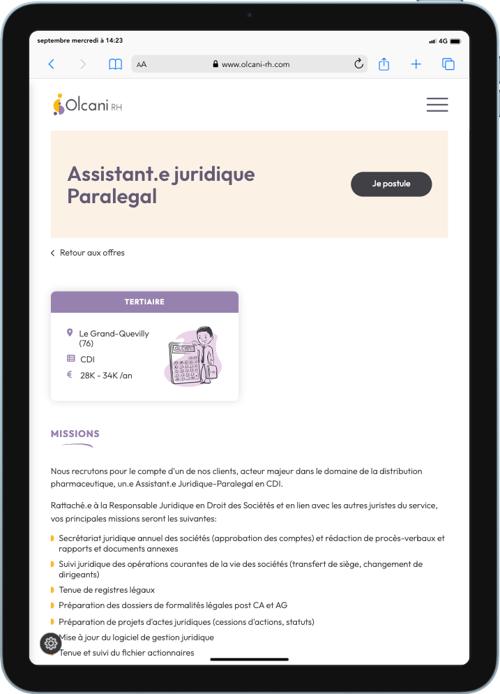 Détail d'une annonce d'emploi site web Olcani RH