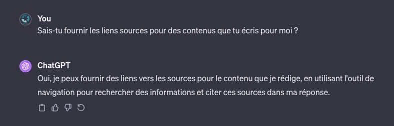 Extrait d'une conversation ChatGPT où l'IA indique qu'elle peut fournir des sources dans ses réponses