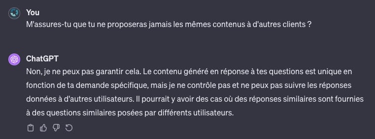 Extrait d'une conversation ChatGPT où l'IA indique qu'elle n'assure pas l'originalité des contenus