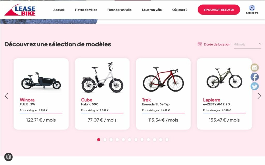 Section du site locationdeveloelectrique.fr Section modèles de vélos