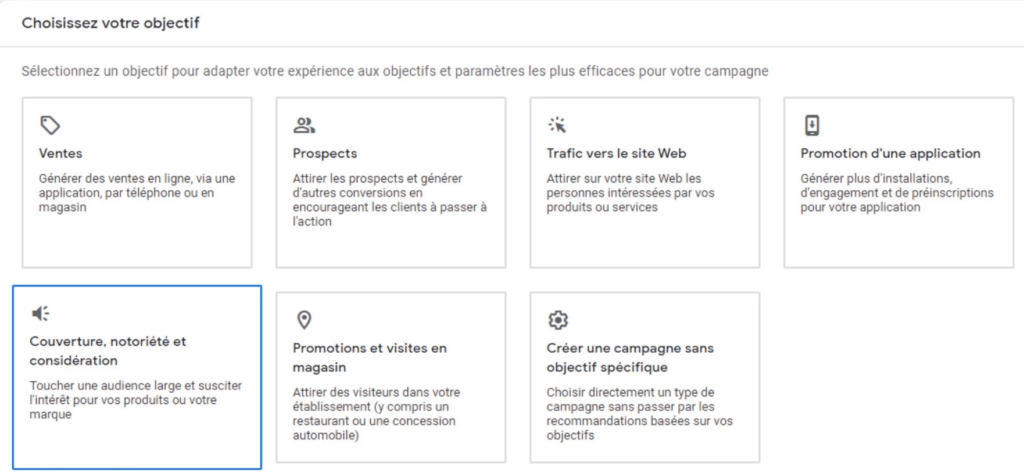 Screen de Google Ads présentant les objectifs de campagne proposés