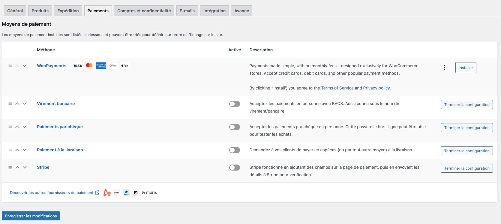 Aperçu non exhaustif des moyens de paiement proposés par WooCommerce