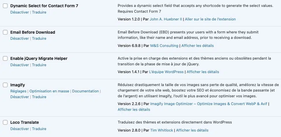 Liste d'extensions dans l'interface WordPress