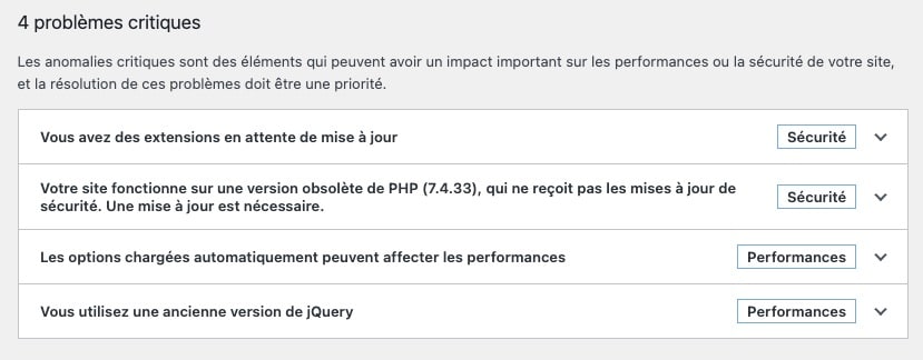 Problèmes de mises à jour remontés dans l'interface WordPress