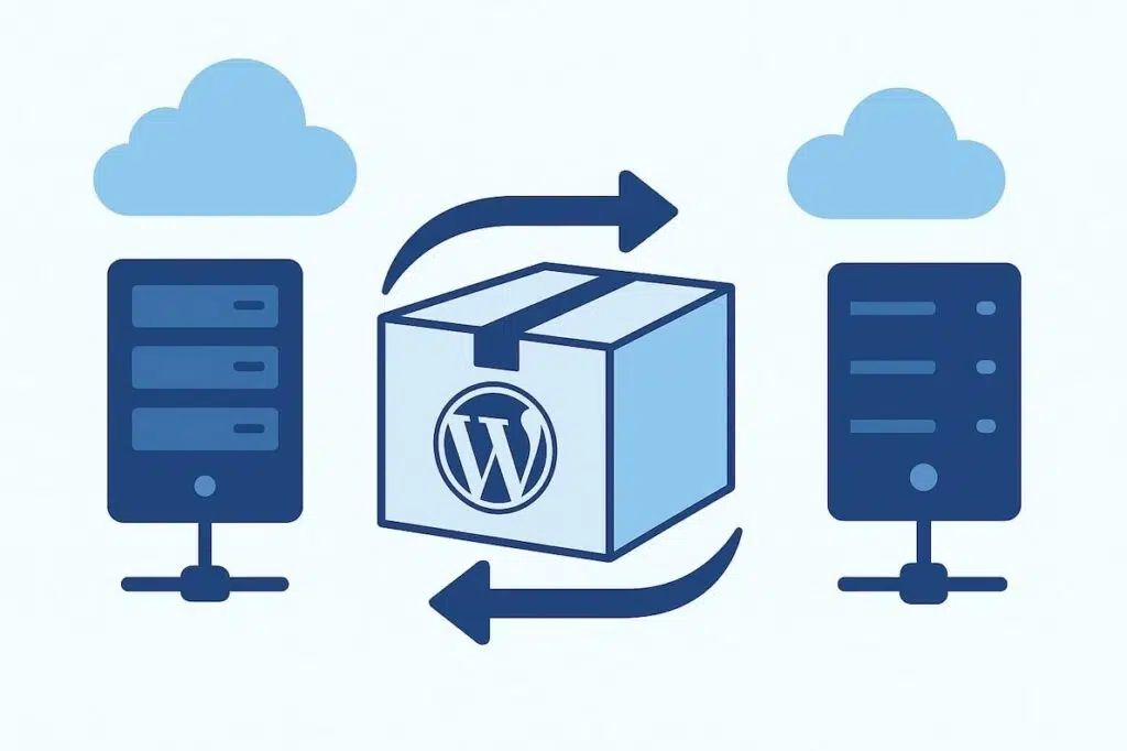 Schéma illustrant la migration d'un site WordPress d'un hébergement à l'autre