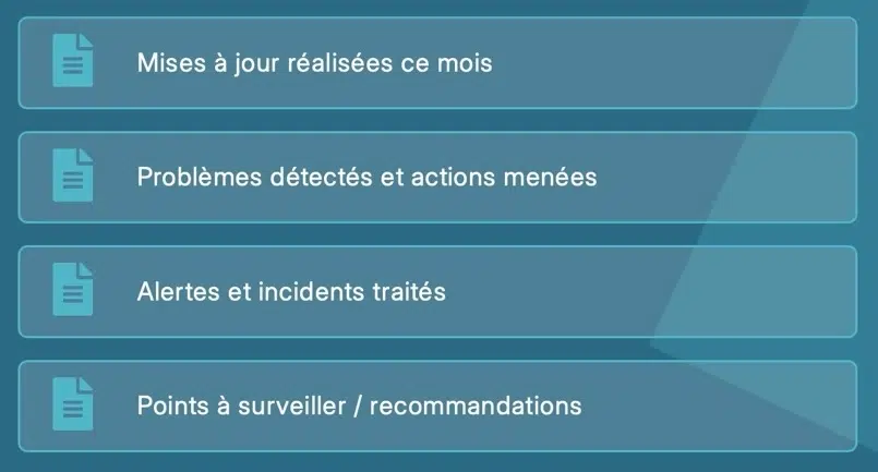 Le reporting de maintenance WordPress doit comprendre les mises à jours réalisées, les problèmes détectés, les incidents traités, les points à surveiller.