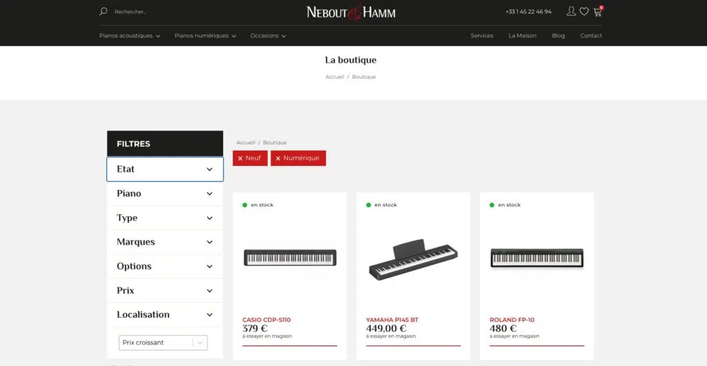Page boutique du site Nebout & Hamm avec les différentes facettes